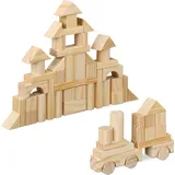 Relaxdays Holzbausteine, 100 Stück, Verschiedene Formen, Bauklötze Kinder, Bausteine stapeln & Hellbraun