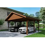 SKANHOLZ Satteldach-Carport Wallgau Nussbaum 620 x 500 cm schwarze Schindeln