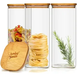 Klarstein Eckiges Glas mit Bambusdeckel luftdicht mit Silikonring 10x20,5x10 cm 3x 1500 ml Natur