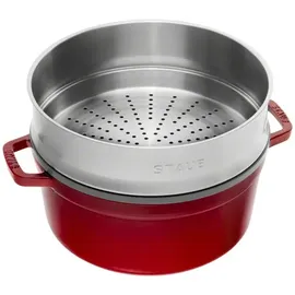 Staub Cocotte 26 cm rund kirschrot mit Dämpfeinsatz