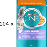 (EUR 10,18 /kg) Purina ONE Coat and Hairball mit Huhn, grünen Bohnen: 104 x 85 g