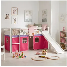 Homestyle4u Hochbett 90 x 200 cm Kiefer lackiert weiß mit Vorhang pink