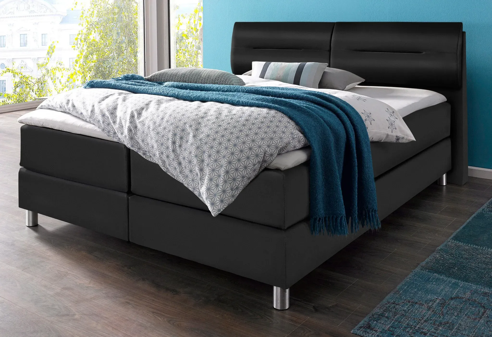 Boxspringbett MAINTAL, schwarz, Kunstleder, Liegefläche B/L: 160cm x 200cm, H3, 7-Zonen-Tonnentaschen-Federkernmatratze, Bezug bei beige, anthrazit und hellgrau: pflegeleichter Strukturstoff (100% Polyester);Bezug bei weiß und schwarz: Kunstleder (100% Polyurethan);Spiegelfläche der Matratzen: Material angeben (100% Polyester), Komplettbetten, Boxspringbett, inkl. Topper