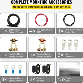 Vevor Doppelbatterie Trennrelais 12 V Split Charge Kit, 140 A spannungsempfindliches Relais Set -30-105 °C, automatisches Ladegerät & Kabel Set für Lastwagen, Wohnmobil, Werkstatt, Auto & Schiff