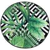 Schwarz-Weiß-Badematte und grüne Blätter