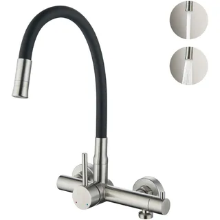 BAITUJIE Wandarmatur Küche mit 3/4 Zoll Anschluss für Geschirrspüler/Waschmaschine, Küchenarmatur Wandmontage mit 360° Flexibler Auslauf , Armatur Wand Mischbatterie mit 2 Strahlarten, Edelstahl