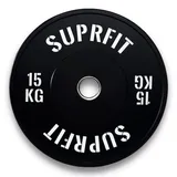 Suprfit Gummierte Fitness Bumper Plates 50mm Gewichtsscheiben aus Vollgummigranulat - Gewicht: 15kg, Stoßabsorbierende Hantelscheiben 50mm fürs Hanteltraining, Gewichtscheiben - Farbe: Schwarz/Weiß