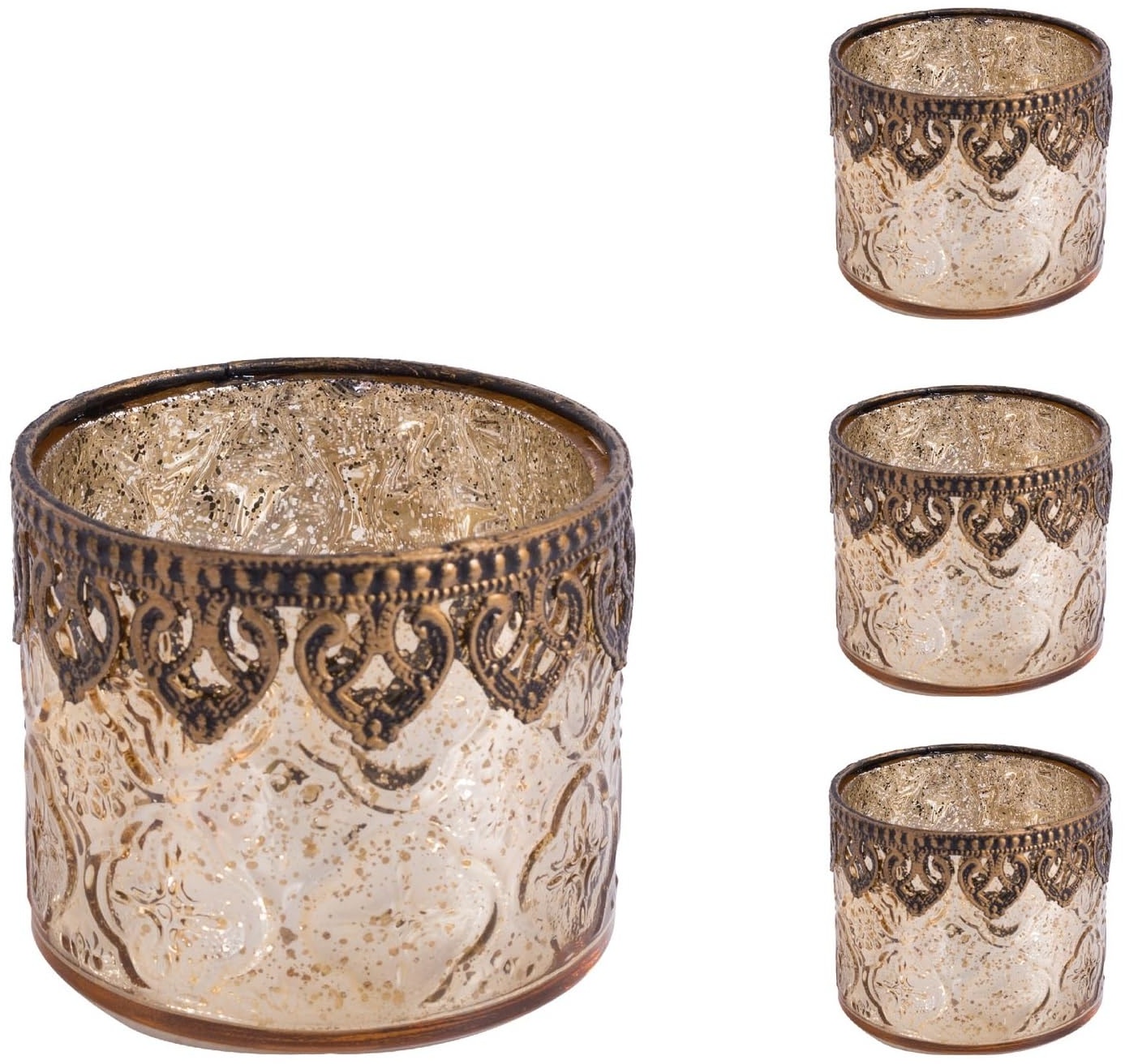 Jinfa 4er-Set orientalischer Teelichthalter aus Glas Windlichter Kerzengläser Teelichtgläser Geschenk | Zylindrische Form | Königliches Gold Ø 10cm x h 9cm