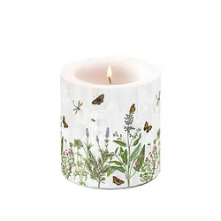 Stumpenkerze Paraffin 7,5x9cm mit Sommerwiese Motiv - Tischkerze Blockkerze Zylinderkerze Kerzendeko Sommer Garten Natur Dekokerze floral Weiß Grün