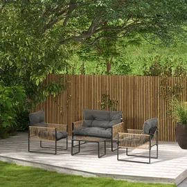 Outsunny 4 tlg. Rattan Gartenmöbel-Set, Sitzgruppe mit Kissen, Gartengarnitur mit 1 Couchtisch aus Glas, 2 Sesseln, 1 Doppelsofa, Sitzgarnitur für Garten, Terrasse,