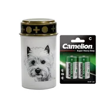 Fachhandel Plus LED Grablicht Hund mit Batterien – Grabkerze LED, wetterfeste Grableuchte Ewiges Licht mit Hundemotiv, warm flackerndes Gedenklicht für Tiergrab & Gedenkstätte (Weiß, Westi)