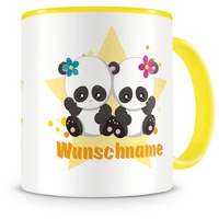 Samunshi® Kindertasse mit Namen Tasse Zwei Pandas Personalisierte Tasse mit Namen Kinder Kinderbecher mit Namen Kindergarten gelb 300ml
