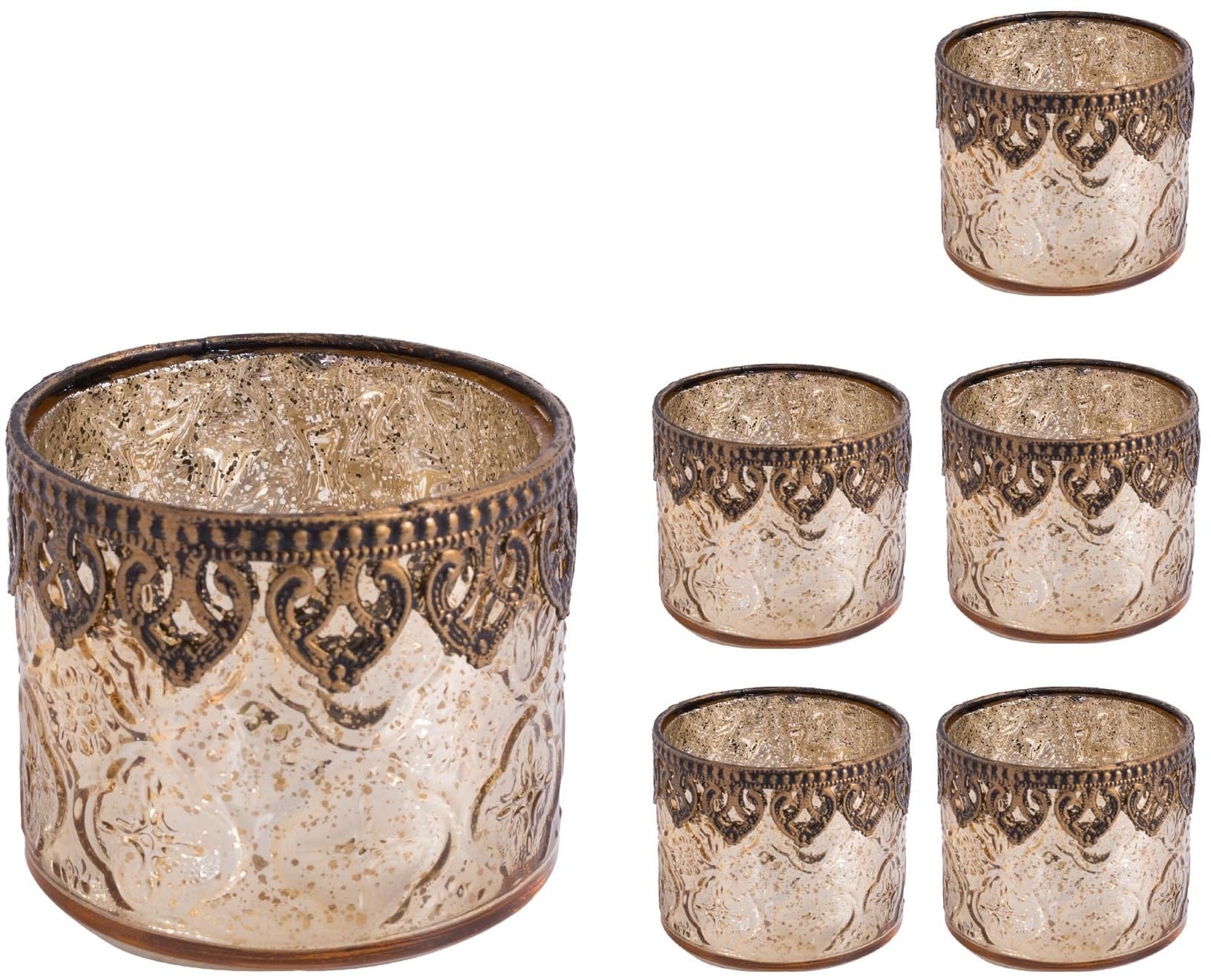 Jinfa 6er-Set orientalischer Teelichthalter aus Glas Windlichter Kerzengläser Teelichtgläser Geschenk | Zylindrische Form | Königliches Gold Ø 10cm x h 9cm