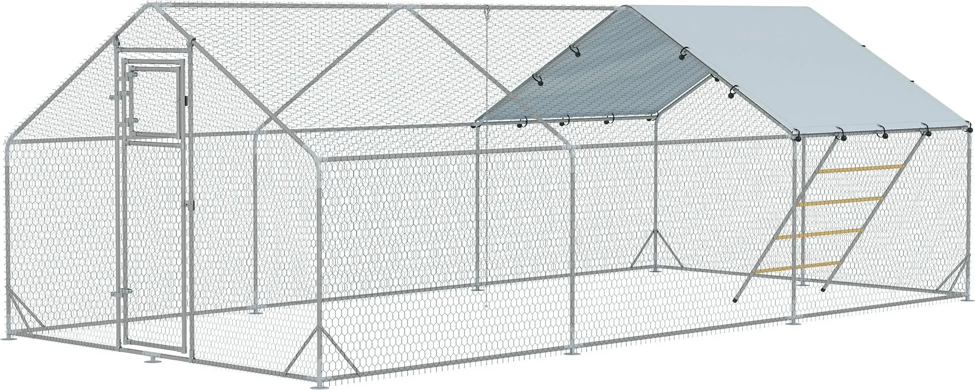 PawHut Hühnerstall Freilaufgehege aus Stahl, 300 x 600 x 195 cm Hühnerkäfig mit UV-beständiger Abdeckung, Futtertür, Hängefütterung, Sitzstange, Hühnergehege für 18-24 Hühner, Kleintiere, Silber   Aosom