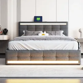 XDOVET Polsterbett(140*200)LED-Polsterbett mit 4 Schubladen+2 USB-Ladestationen,Bettrahmen mit LED-Kopfteil-Fußteil,gepolstertes Plattformbett mit Stauraum