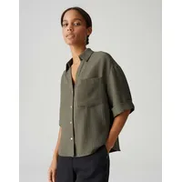 Opus Damen Kurzarmbluse | Hemdbluse Fiora Loose im Crinkle-Look