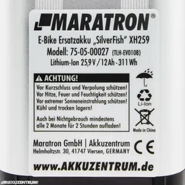 Maratron E-Bike Akku Maratron \"Silver Fish\" XH259 – 25,9V 12Ah – silber - Sattelrohr"
