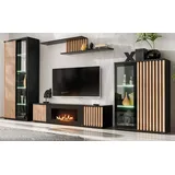 furn.design Wohnwand Schrankwand Eiche schwarz mit Kamin), + LED Wohnzimmer Set 350 cm Morgan,