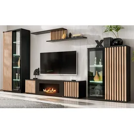 furn.design Wohnwand Schrankwand Eiche schwarz mit Kamin), + LED Wohnzimmer Set 350 cm Morgan,
