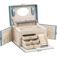 AdelDream Schmuckkasten Luxus-Schmuckkästchen, Schmuckkoffer, abschließbar, 4 Ebenen mit 3 Schubladen blau