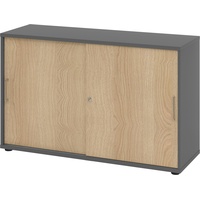 bümö Schiebetürenschrank "2OH" - Aktenschrank abschließbar, Sideboard Schrank mit Schiebetüren in Graphit/Eiche - Büroschrank aus Holz mit