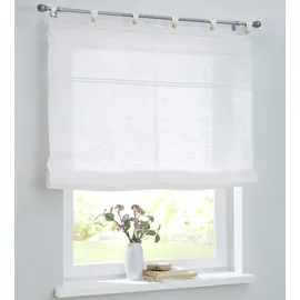 Kutti Woody weißes Raffrollo Raffgardine mit Schlaufen und Holzkugeln,Reine Baumwolle, Landhaus-Gardine Küche,Leinen-Optik, Breite 120 cm x Höhe 140 cm