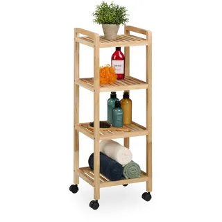 Relaxdays Badregal, Holz, HxBxT: 97 x 35 x 31 cm, Holzregal mit Rollen, 4 Ablagen, Regal für Badezimmer - Küche, natur