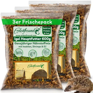 ERDENFREUND® Igelfutter mit Insekten, Shrimps & Ei 3x600g Spezialigelfutter Trockenfutter hoher Protein und Fettanteil artgerechtes Igelfutter kaufen (3x600g Premium Igelfutter in Frischepacks)