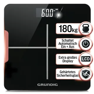 Grundig Personenwaage digital, Körperwaage bis 180 kg mit hochpräzisen Sensoren, Weight Scale, Waage Personen, 5mm gehärtetes Sicherheitslas, LCD-Display mit großen Zahlen, schwarz (ohne Batterien)