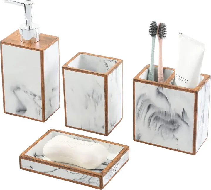 MyGift 4-teiliges Badezimmer-Set mit Marmor-Design und Holzverzierung, inklusive Seifen- oder Lotionspender, Becher, Zahnbürstenhalter und Seifenschale