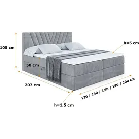altdecor Boxspringbett mit Matratze und Topper, Polsterbett mit Bettkasten, Bett mit Stauraum H4-Matratze, Doppelbett, Springboxbett - ERNINA - Grau Samt