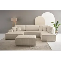 andas Wohnlandschaft FINNLEY U-Form XXL 329 cm, Schlafsofa, Schlaffunktion m. Bettkasten, (194/139 cm), Bouclé, Struktur und Cord beige