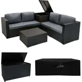 MONSTER SHOP Rattan Gartenmöbel 6-teiliges Set Schwarz Sofa Tisch mit 2 Aufbewahrungsboxen