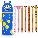 LEGAMI Set mit 7 radierbaren Gelstiften + 2-in-1-Federmäppchen – mit thermoempfindlicher Löschtinte, verschiedene Tintenfarben und Schaftdesigns, 0,7 mm Spitze (Monster)
