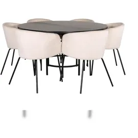 VCM Copenhagen Essgruppe Esstisch braun und 6 Berit Esszimmerstühle Velour beige.