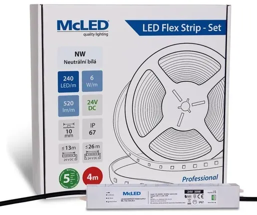 McLED LED-Band - Satz 4 m, 240 LED/m, NW, 6 W/m, DC 24V, 520 lm/m, CRI90, IP67, 10 mm, Konduktor 3 m ML-126.033.90.S04001