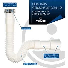 tecuro flexibler Geruchsverschluss 1 1/2 Zoll auf Ø 40/50, ausziehbar 340-740 mm - Weiß