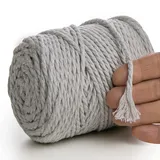 MeriWoolArt® Makramee Garn 4mm 75m Grau, Baumwollgarn Kordel, Dicke Macrame Cord für Makramee Wandbehang, Blumenampel, Vorhang und Mehr DIY Deco (Hellgrau, 4mm x 75m)