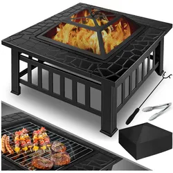 KESSER® Feuerstelle mit Grillrost & Grillzange Feuerschale 82x82x50cm, 3in1 Multifunktional Fire Pit für Heizung/BBQ Grill, Garten Terrasse , Metall Feuerkorb mit Schutzhülle Schürhaken Funkenschutz
