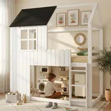 Hochbett, Kinderbett, Exquisite Fenster, Wunderschöne Hausformen, Dreistufige Treppe, Umzäunung an allen Seiten, Kiefer + MDF, Weiß+Schwarz, 90x...