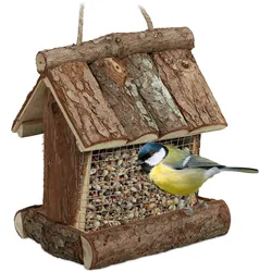Relaxdays Relaxdays Vogelfutterhaus Holz, zum Aufhängen, HBT: 17 x 15 x 12 cm, mit Silo, Vogelfutterspender für Kleinvögel, natur