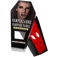 Maskworld Vampirzähne - UV Glow in The Dark - leuchten im Dunkeln - Eckzähne + Thermoplastik Abformmasse (wiederverwendbar) - Perfekter Halt durch individuelle Anpassung - Halloween SFX Vampir Gebiss