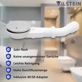 VILSTEIN Ablaufgarnitur Duschwanne 90mm, Siphon mit Geruchsstop und Haarsieb, Duschablauf flach, Chrom Abdeckung
