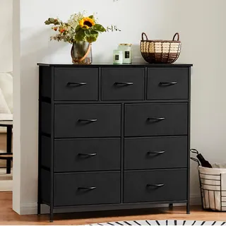 DUMOS Kommode mit Schubladen - Kommoden & Sideboards für Schlafzimmer Geeignet, Komodenschrank mit 9 Schubladen, Stoffkommode mit Stabilem Stahlrahmen, Ideal für Schlafzimmer, Wohnzimmer (Schwarz)