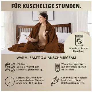 Grafner Heizdecke Wärmedecke 180 x 130 cm aus kuscheligem Flanell Plüsch, braun, LCD-Display, 10 Temperaturstufen, 10 Stunden Timer, Kuscheldecke