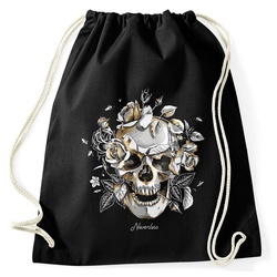 Autiga Turnbeutel Turnbeutel Totenkopf Rosen Skull Roses Schädel Hipster Beutel Tasche Gymsac Autiga® schwarz