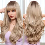 EMMOR Platinum Blonde Perücken für Frauen Highlight Farbperücken mit Pony Lange Lockige Hitzebeständige Faser Synthetische Perücke Täglich Natürlich Aussehend