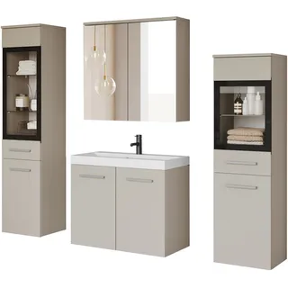 WELLTIME Badmöbel-Set »MADRIT II, Schrank mit Waschbecken, 2 Hänger, Spiegelschrank« Komplett-Set, 5 Stk. tlg., beige