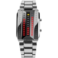 FeiWen Mode Lässig Edelstahl Binär Digitales Uhren Silber Einzigartig Platz Wählen Gelb und Rot LED Licht Kalender Armbanduhren, Damen