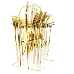 24-Teilig Besteckset mit Ständer 18/10 Edelstahl Gabel Messer Löffel E